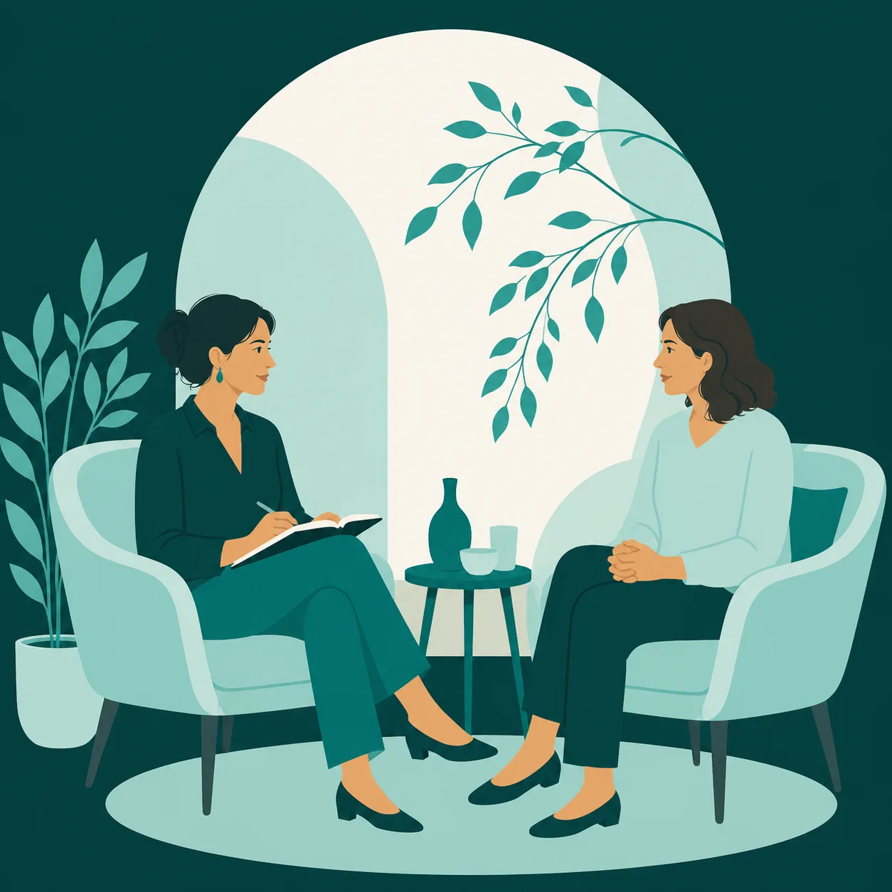 Una psicoterapeuta ascolta una persona durante un colloquio in uno studio accogliente